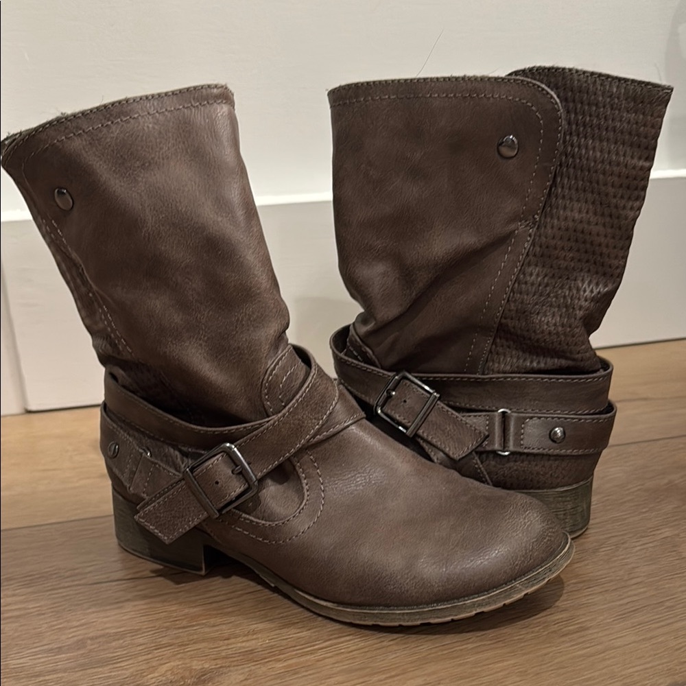 Brown Heeled Boots with Slouchy Style and Textured Shaft